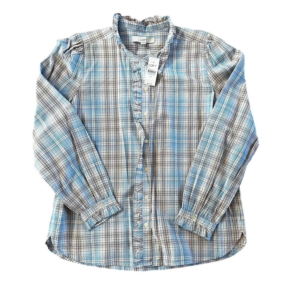 NWT LOFT Blue Plaid Ruffle Button Down Blouse | Women’s Medium